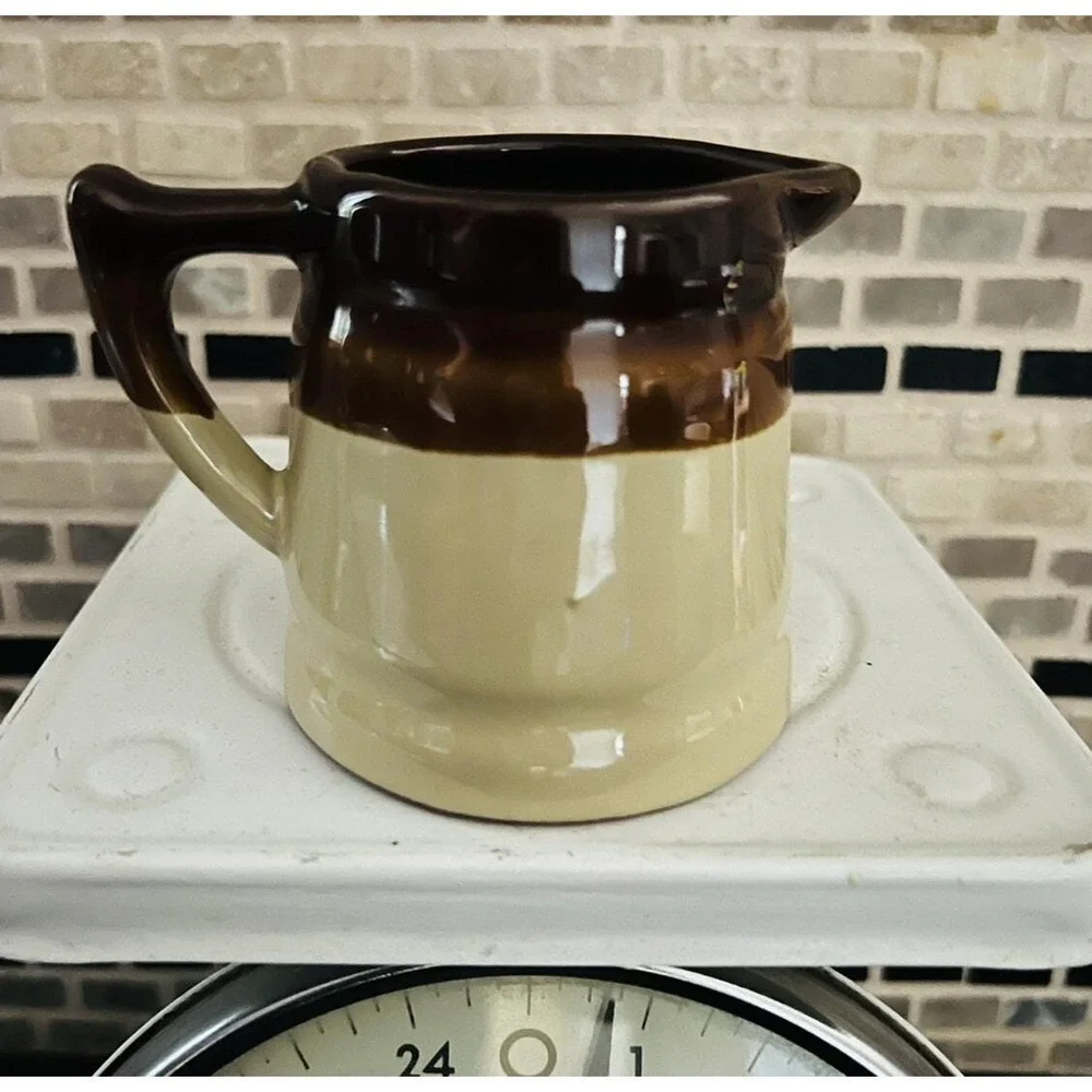 Vintage Brown‎ Glaze Stoneware 3/4 Cup Measuring Cup Pitcher Crock Creamer  Cute